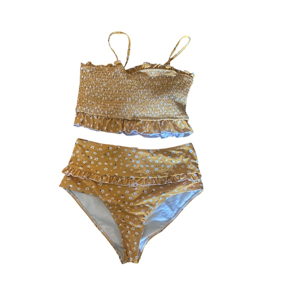 Mustard Yellow Floral Ruffle Bikini Set - Women Swim Bikinis